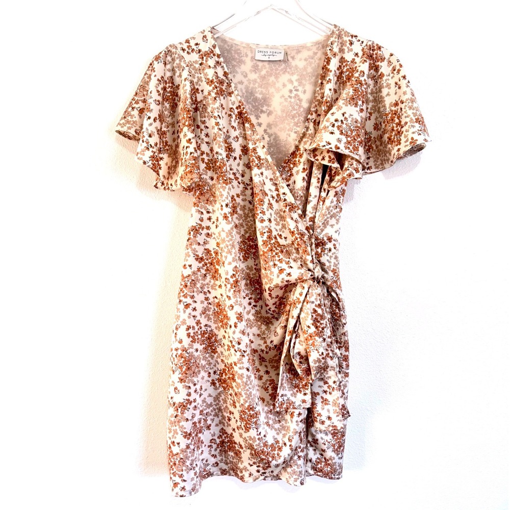 Dress Forum Cream Multi Floral Short Sleeve Ruffle Mini Wrap Dress